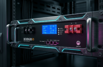 Bateria de lítio LiFePO4 de 51.2V 100Ah da marca Kingbo Power, design industrial para montagem em rack, com portas RJ45 de comunicação CAN e RS485 iluminadas.
