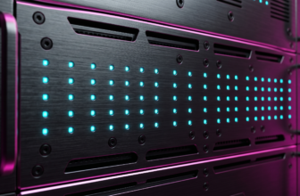 Fotografia ultra-realista macro do painel frontal metálico de uma bateria de lítio LiFePO4 tipo rack de servidor, destacando as luzes de LED de status de carga e as conexões de rede CAN, sob iluminação industrial premium.