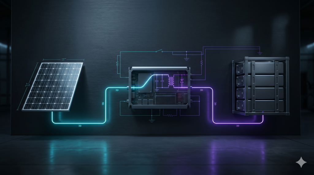 Diagrama técnico comparando um sistema off-grid ineficiente com baterias de chumbo contra um sistema otimizado com controlador MPPT e baterias de lítio.
