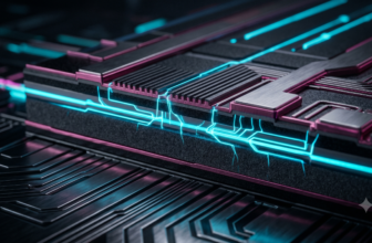 Fotografia macro focada na superfície de um painel solar monocristalino escuro e fosco com tecnologia de células ABC sem contatos frontais visíveis, sob iluminação industrial azul e magenta.