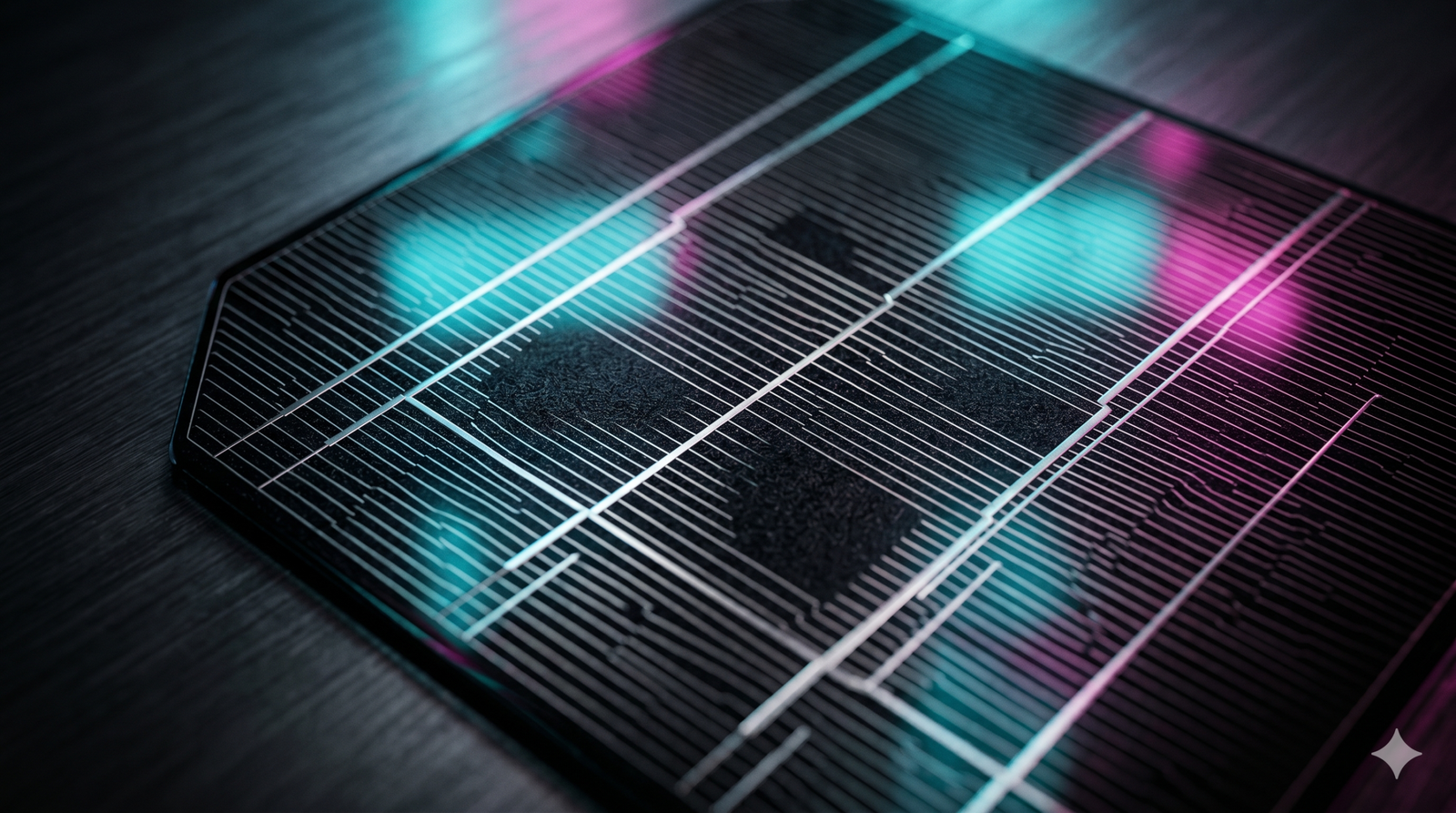 Fotografia ultra macro revelando as trilhas de prata superfinas sobre uma célula fotovoltaica preta monocristalina de alta performance para energia off-grid.